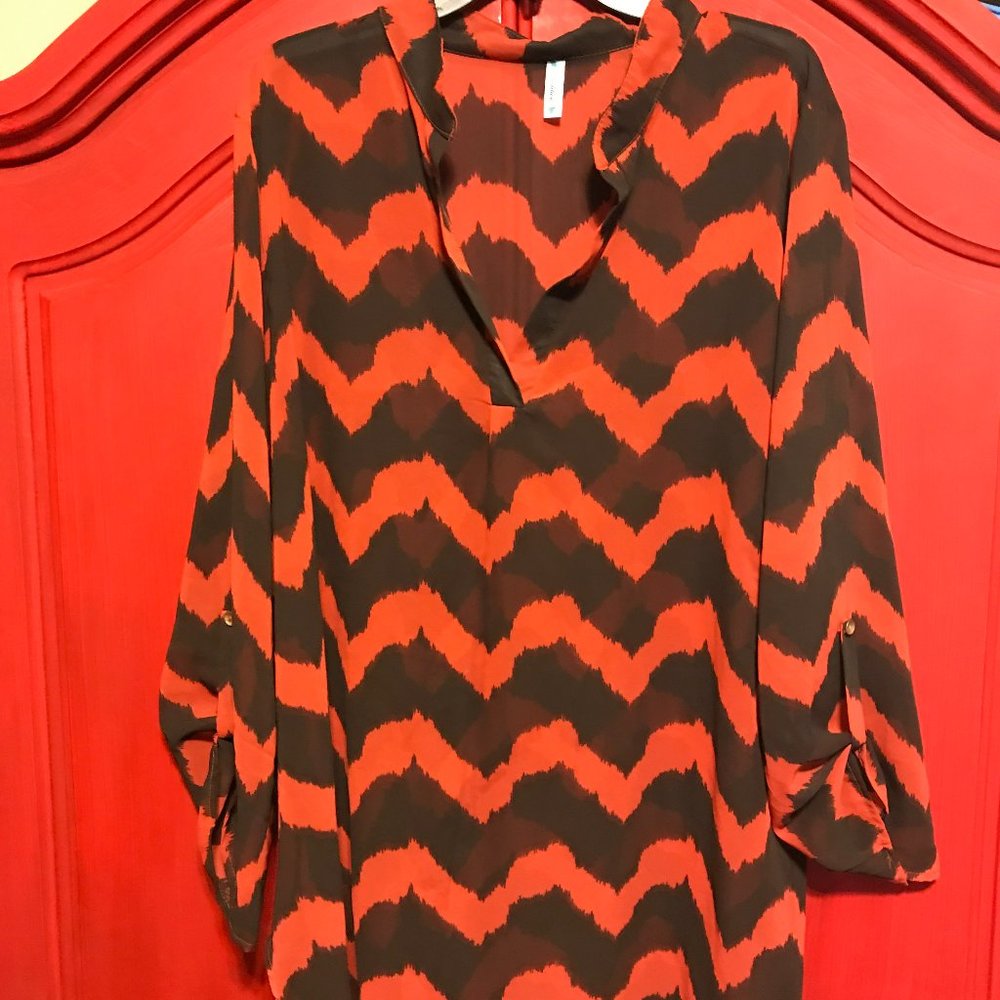 Auditions sheer long sleeve cover top blouse black rust zigzag stripes size 3XL - Picture 2 of 6